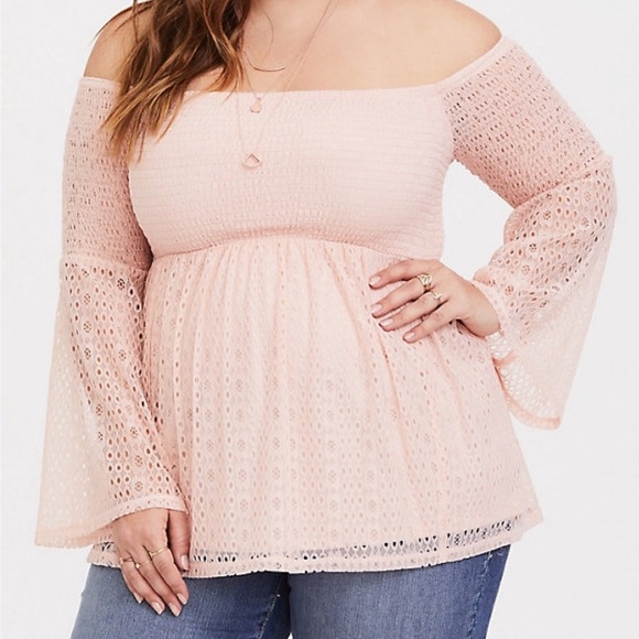 torrid Tops - Torrid | Plus Size Blush Smocked OTS Lace Top